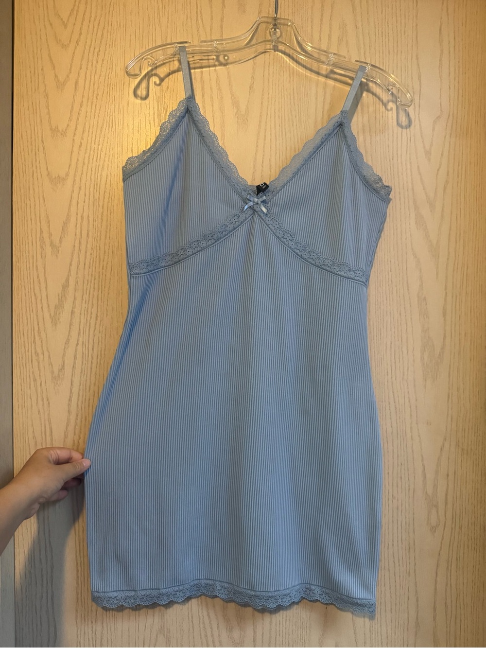 H&M Divided Light Blue Ribbed Cami Body Con Mini Dress with Lace Trim size Large